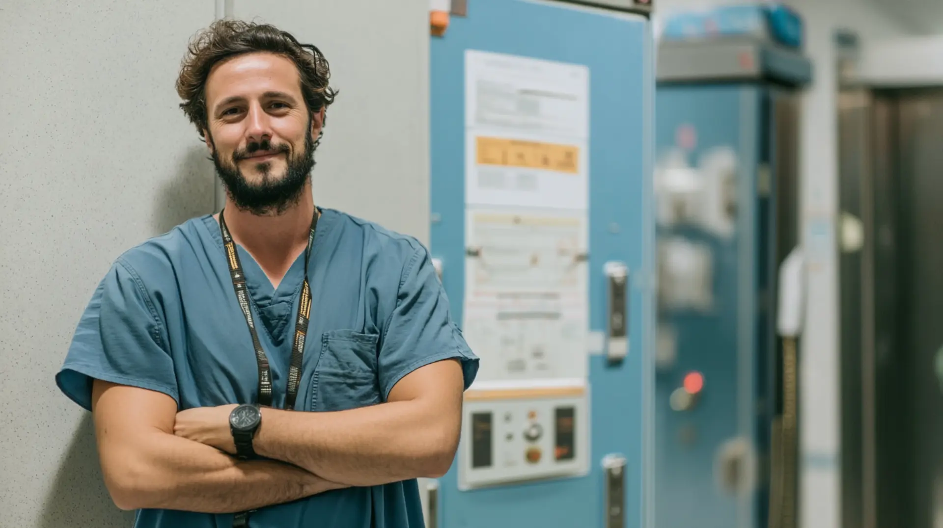 Celador sanitario con uniforme azul y brazos cruzados sonriendo en el pasillo de un hospital.
