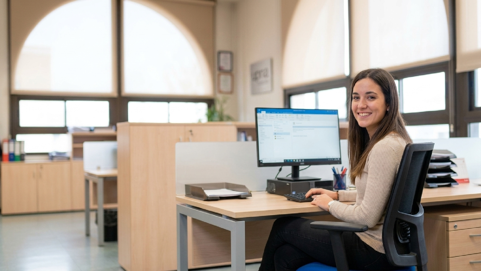 Mujer joven sonriente sentada ante un ordenador en una oficina administrativa, puesto de administrativo en la UPNA