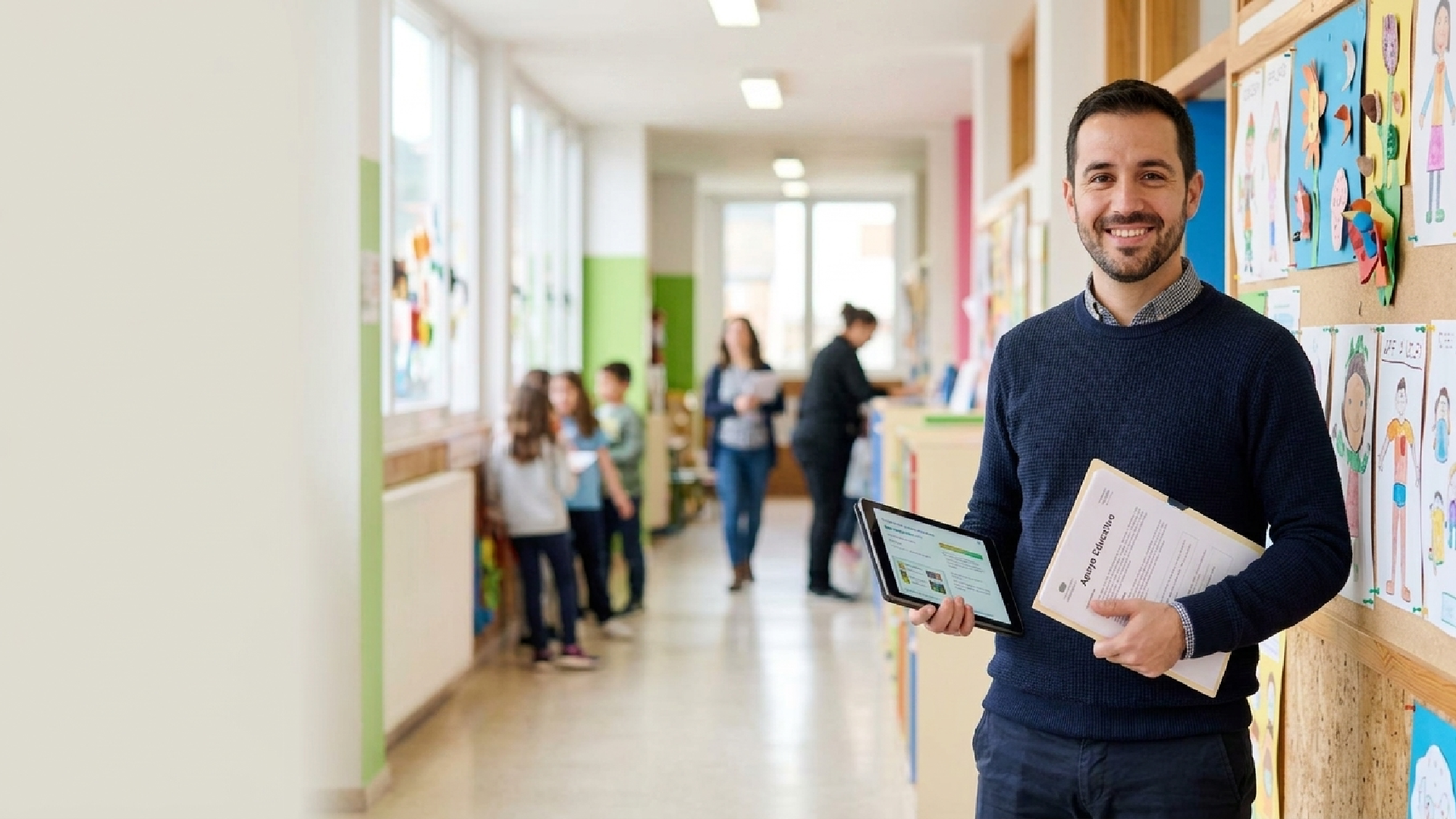 Especialista de apoyo educativo con jersey azul sostiene tablet y dosier en el pasillo de un colegio con alumnos