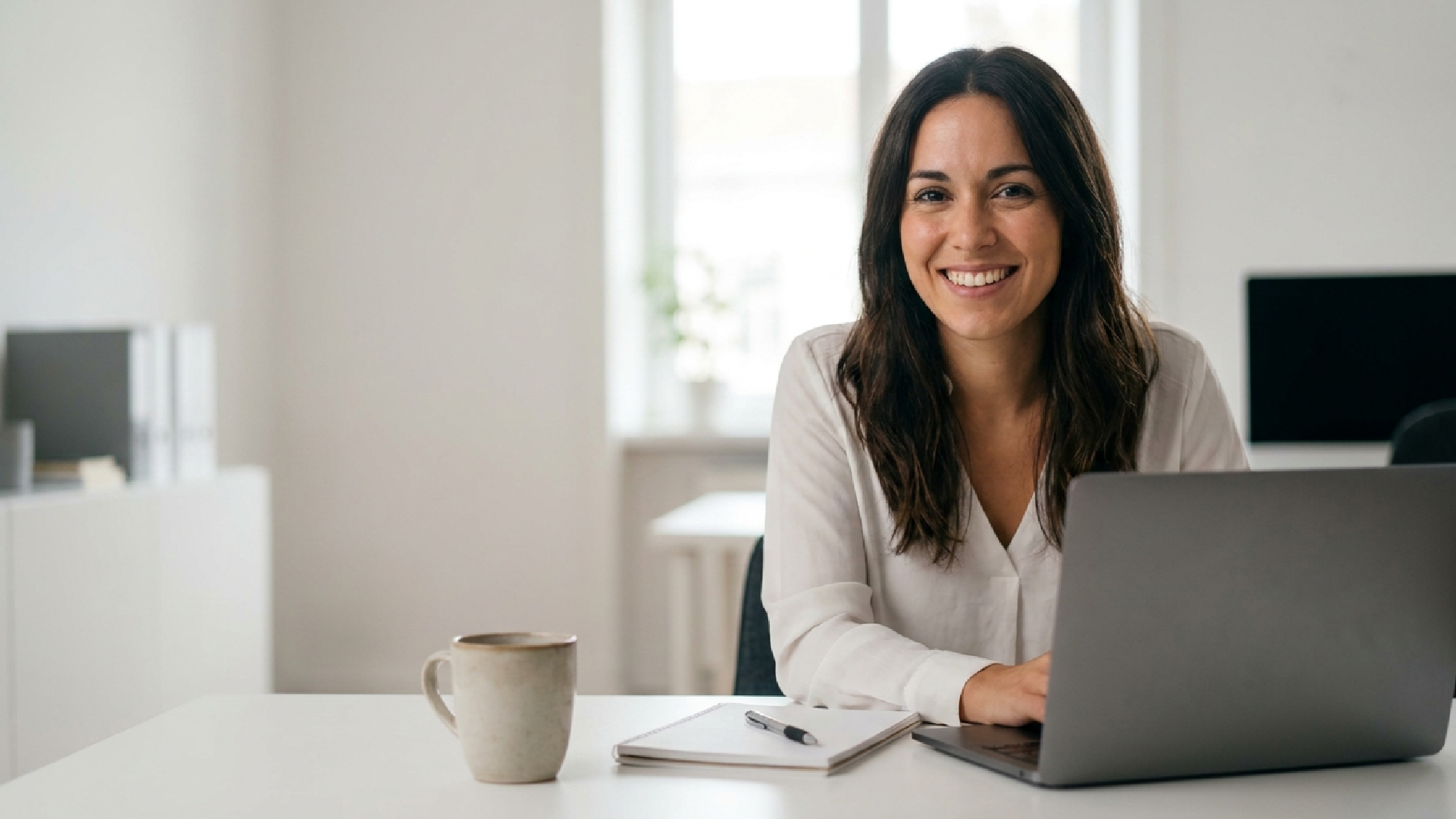 Mujer sonriente con blusa blanca estudia con portátil, cuaderno y taza para la oposición de Trabajo Social