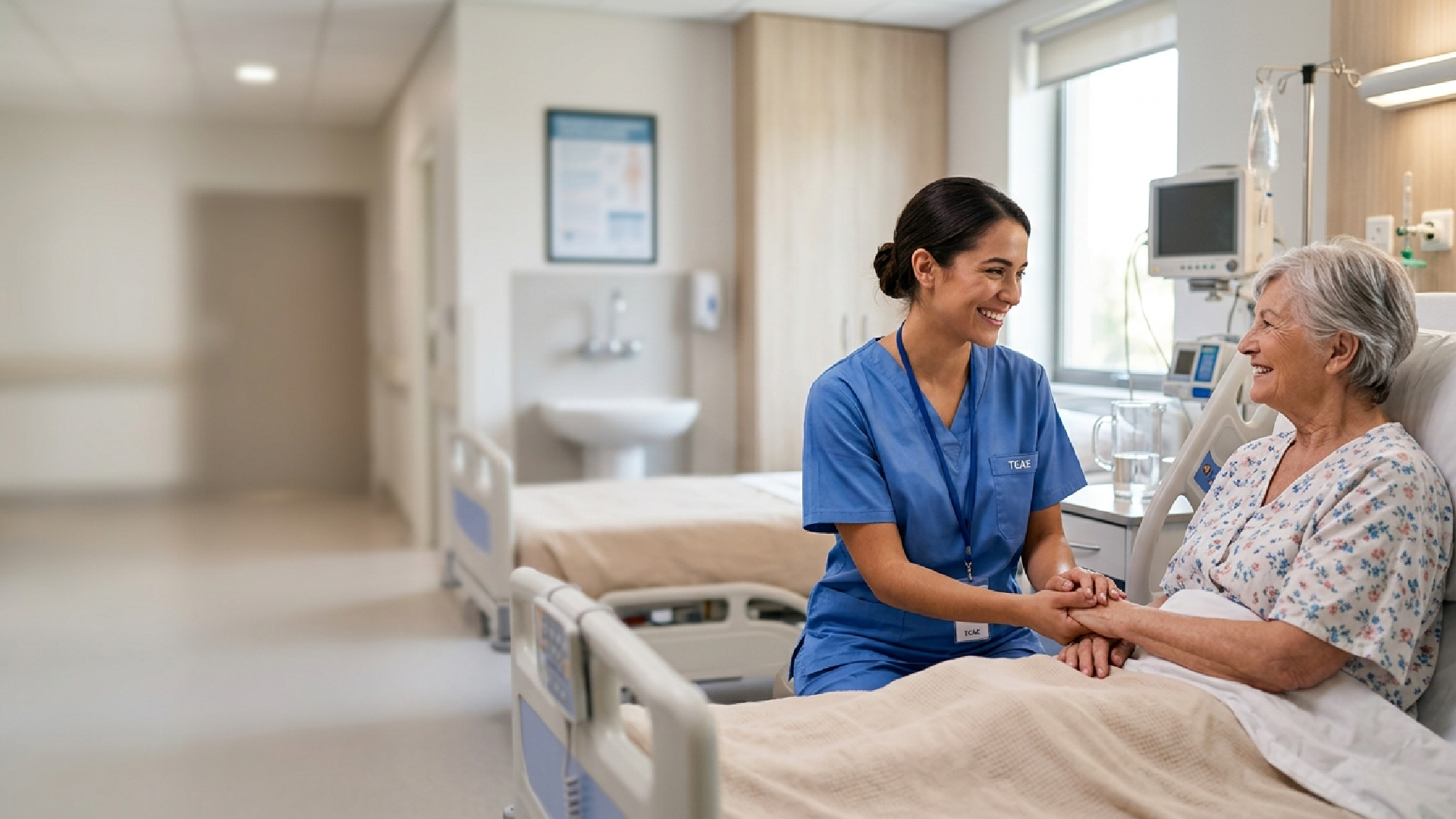 Técnico en cuidados auxiliares de enfermería con uniforme azul sonríe y toma la mano de una paciente mayor encamada en el hospital